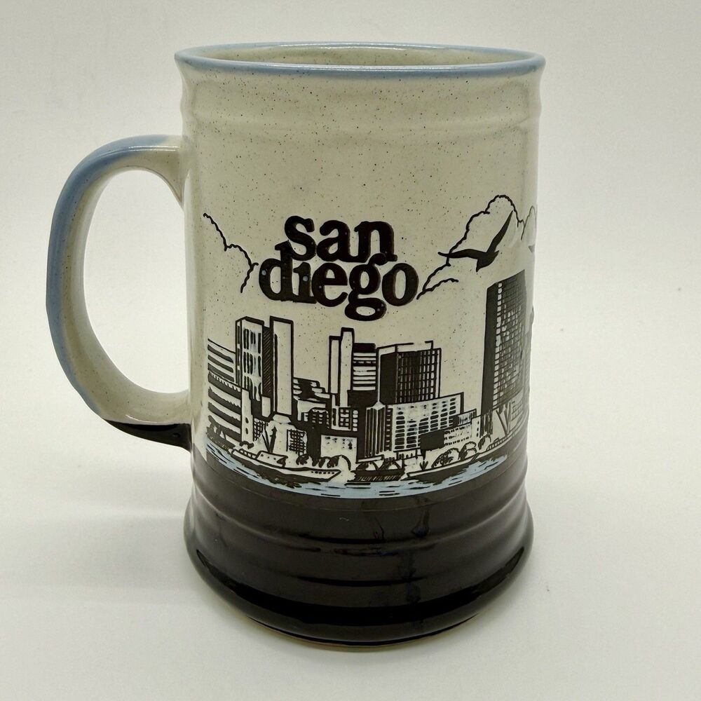 SAN DIEGO Cityscape Coffee Cup Mug Stoneware Pottery Mission Bay Seagulls 16oz